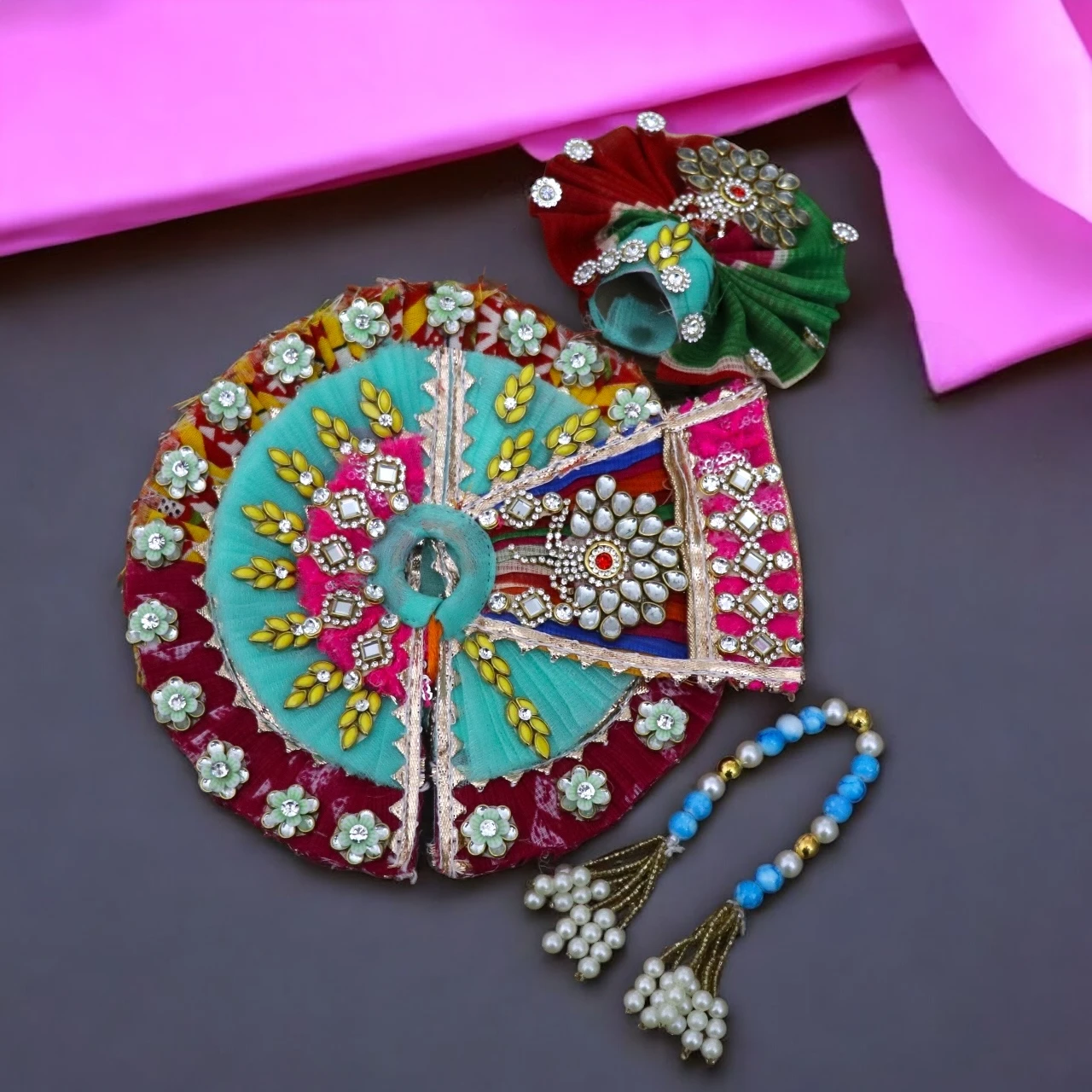 Embroidered and Heavily Beaded Poshak With Pagdi and Mala | Multi-coloured with Light Pink Base