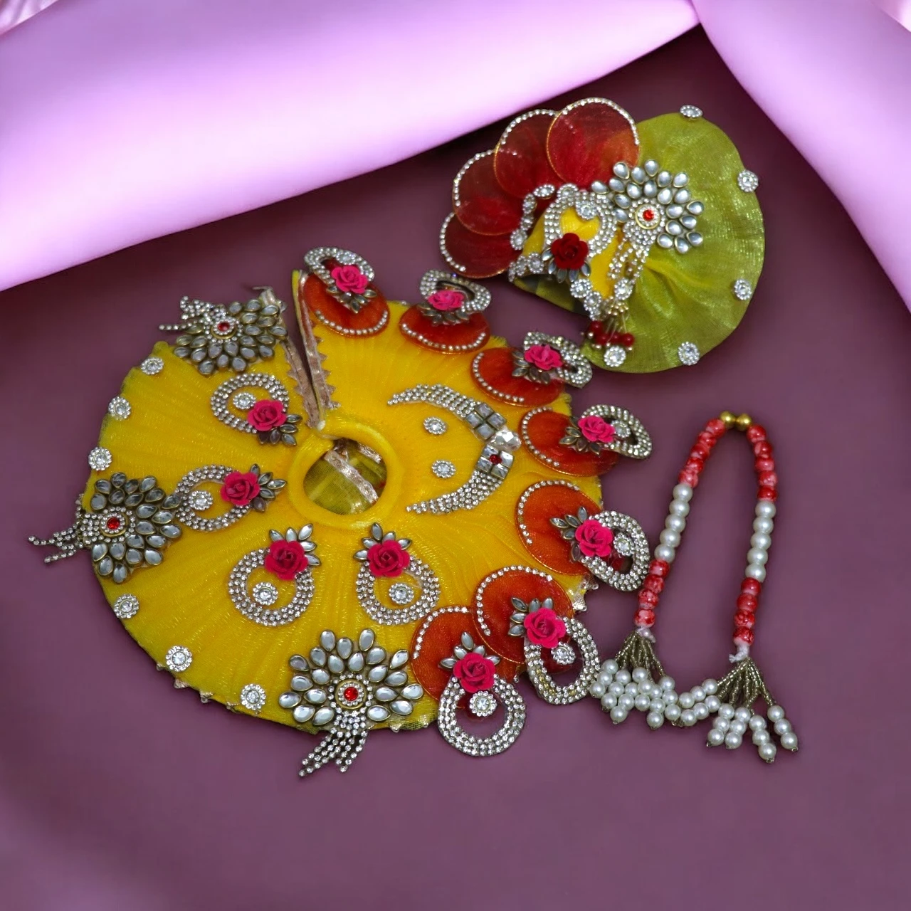 Royal Bejeweled Poshak with Pagdi and Mala | Red and Yellow